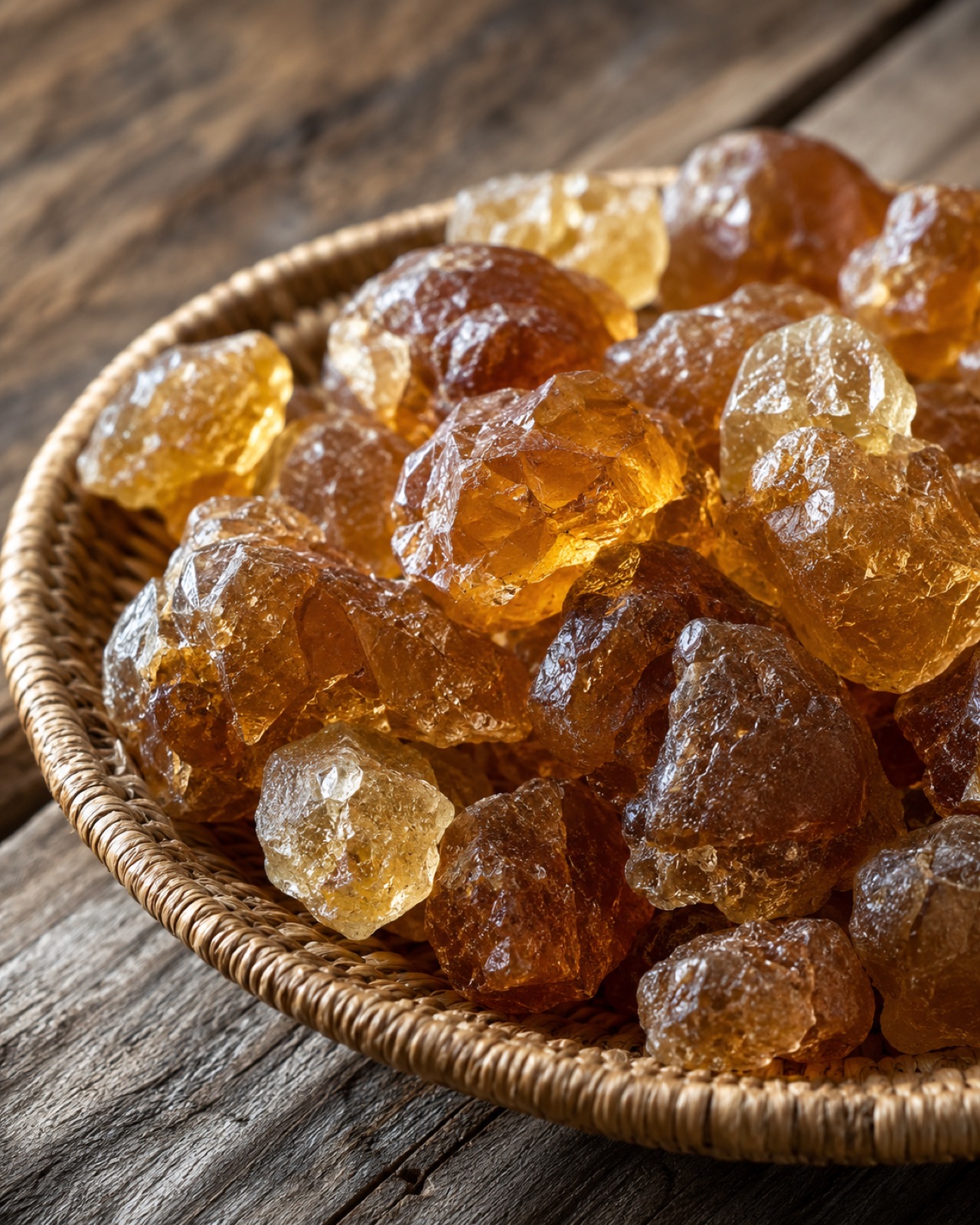 Raw gum arabic nodules, hand sorted in a woven basket